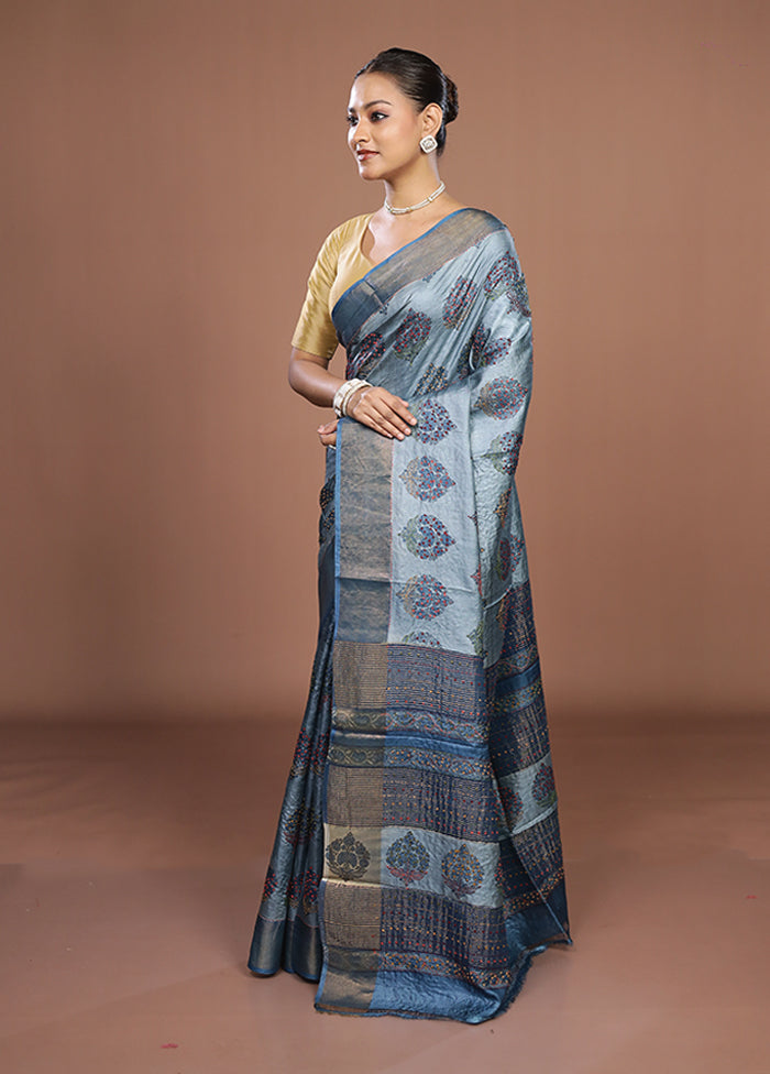 Blue Handloom Tussar Pure Silk Saree With Blouse Piece
