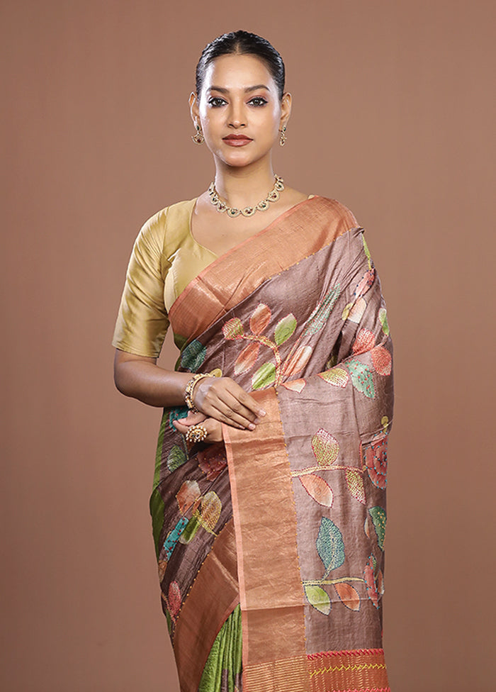 Brown Handloom Tussar Pure Silk Saree With Blouse Piece