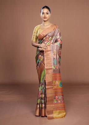 Brown Handloom Tussar Pure Silk Saree With Blouse Piece