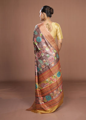 Brown Handloom Tussar Pure Silk Saree With Blouse Piece