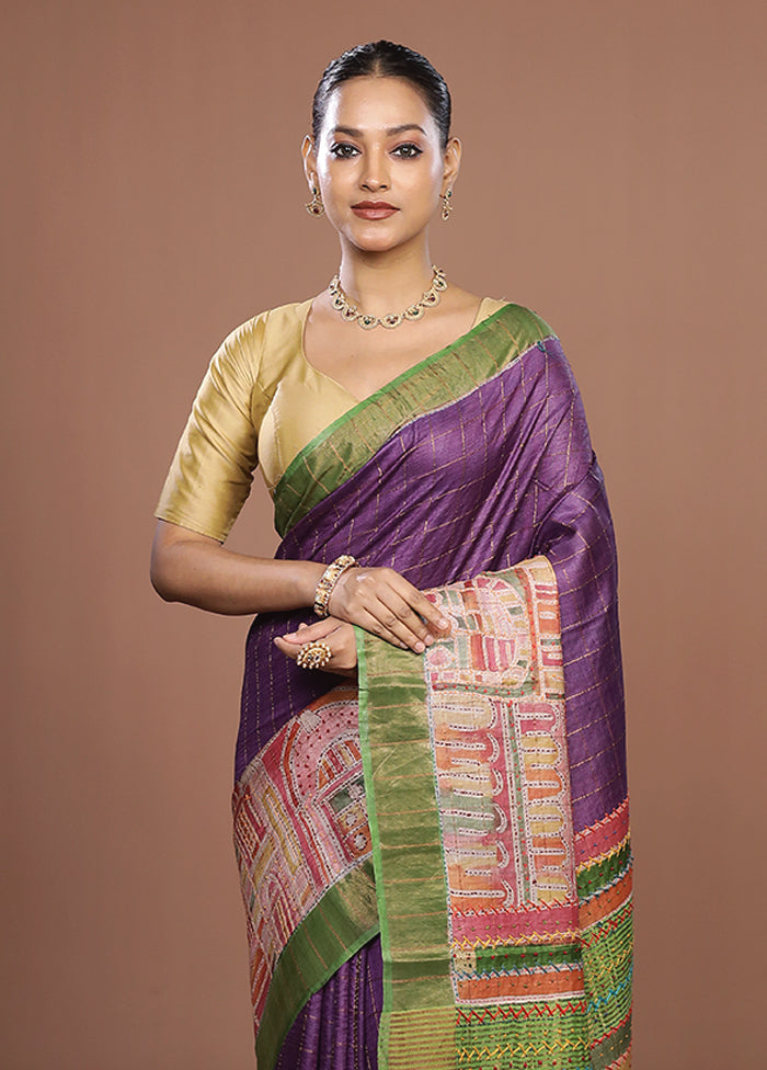 Purple Handloom Tussar Pure Silk Saree With Blouse Piece