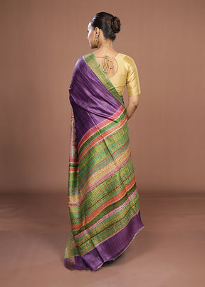 Purple Handloom Tussar Pure Silk Saree With Blouse Piece