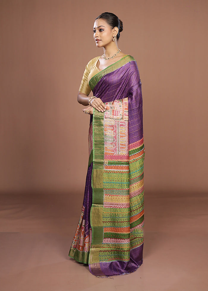 Purple Handloom Tussar Pure Silk Saree With Blouse Piece