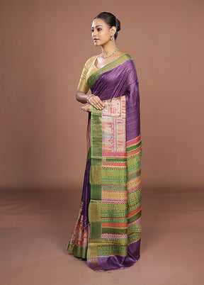 Purple Handloom Tussar Pure Silk Saree With Blouse Piece
