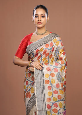Cream Handloom Tussar Pure Silk Saree With Blouse Piece