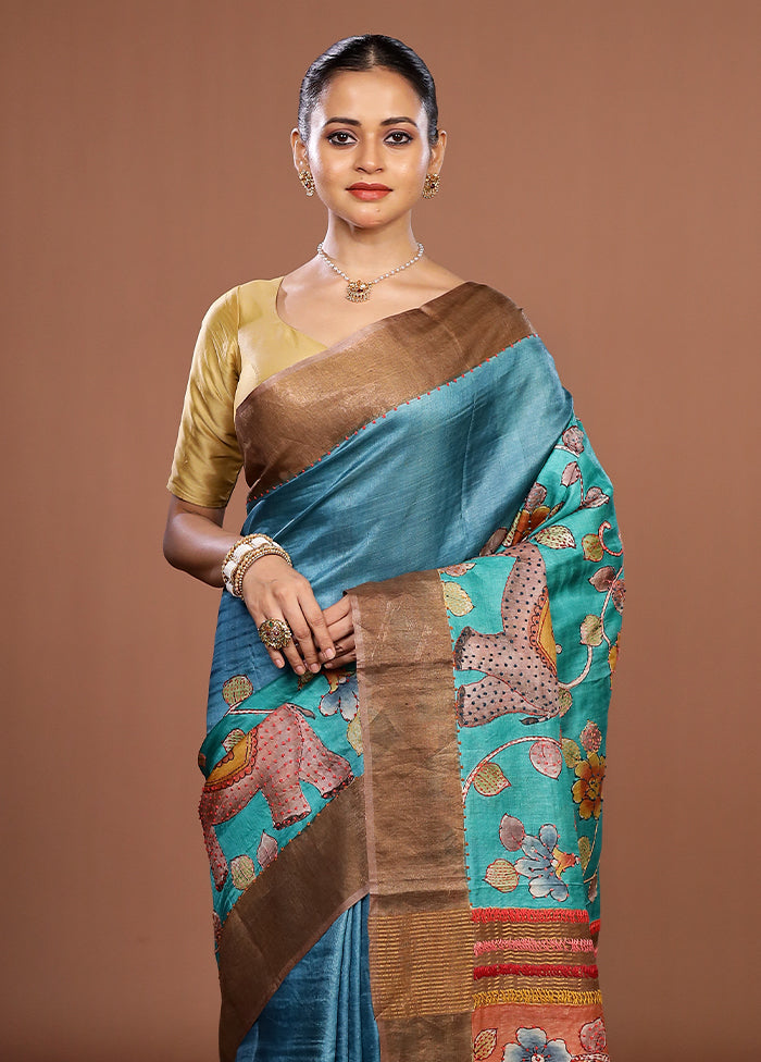 Blue Handloom Tussar Pure Silk Saree With Blouse Piece