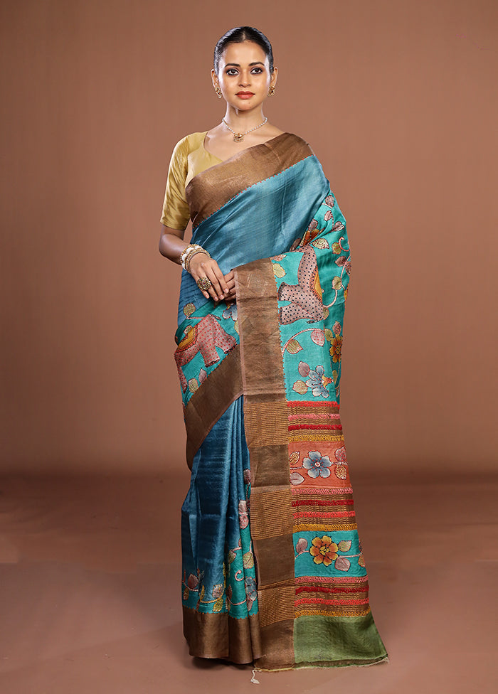 Blue Handloom Tussar Pure Silk Saree With Blouse Piece