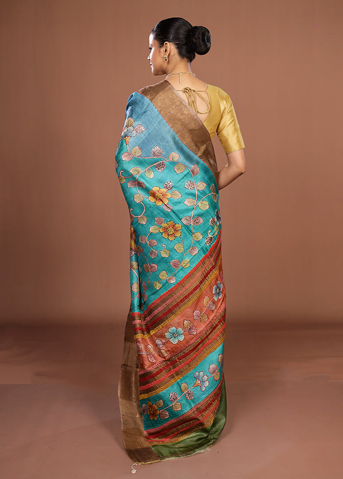 Blue Handloom Tussar Pure Silk Saree With Blouse Piece