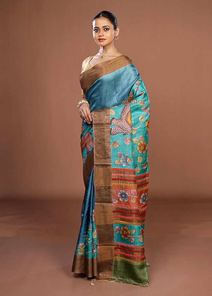Blue Handloom Tussar Pure Silk Saree With Blouse Piece