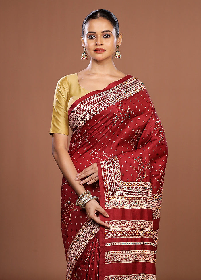 Maroon Handloom Tussar Pure Silk Saree With Blouse Piece