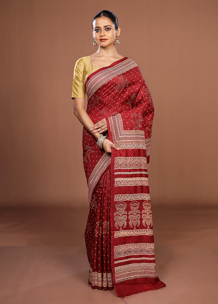 Maroon Handloom Tussar Pure Silk Saree With Blouse Piece