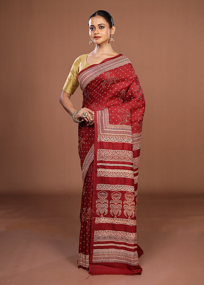 Maroon Handloom Tussar Pure Silk Saree With Blouse Piece