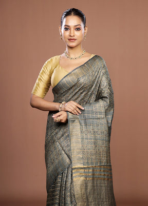 Grey Handloom Tussar Pure Silk Saree With Blouse Piece