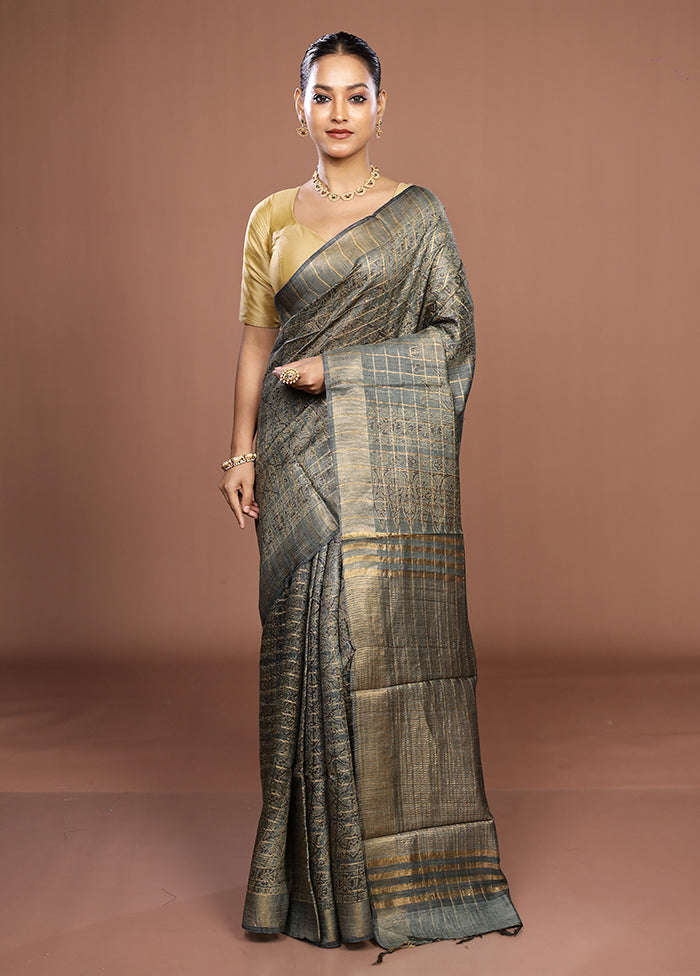 Grey Handloom Tussar Pure Silk Saree With Blouse Piece