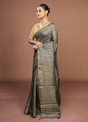 Grey Handloom Tussar Pure Silk Saree With Blouse Piece