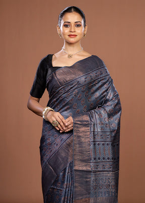 Grey Handloom Tussar Pure Silk Saree With Blouse Piece