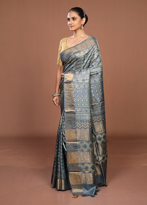Grey Handloom Tussar Pure Silk Saree With Blouse Piece