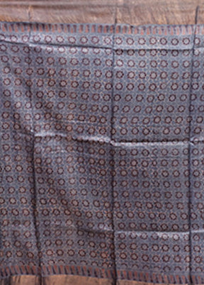 Grey Handloom Tussar Pure Silk Saree With Blouse Piece