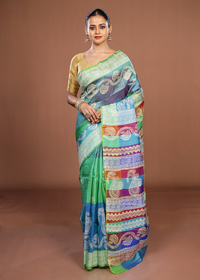 Blue Printed Silk Saree Without Blouse Piece