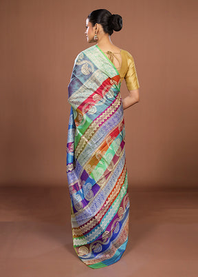 Blue Printed Silk Saree Without Blouse Piece