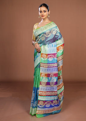 Blue Printed Silk Saree Without Blouse Piece