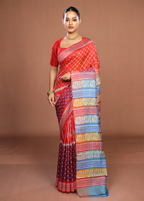 Rust Pure Bishnupuri Silk Saree With Blouse Piece