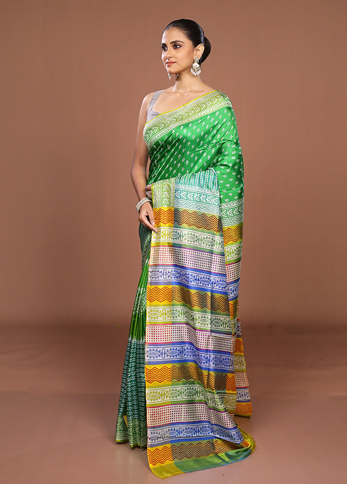 Green Printed Silk Saree Without Blouse Piece