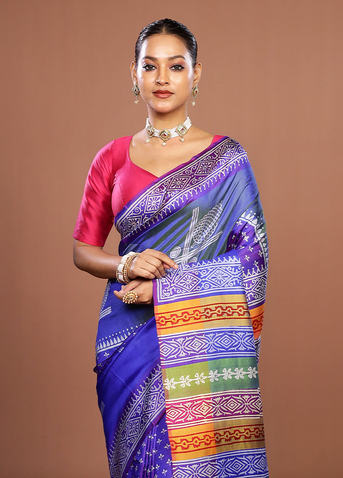 Blue Printed Silk Saree Without Blouse Piece