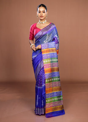Blue Printed Silk Saree Without Blouse Piece