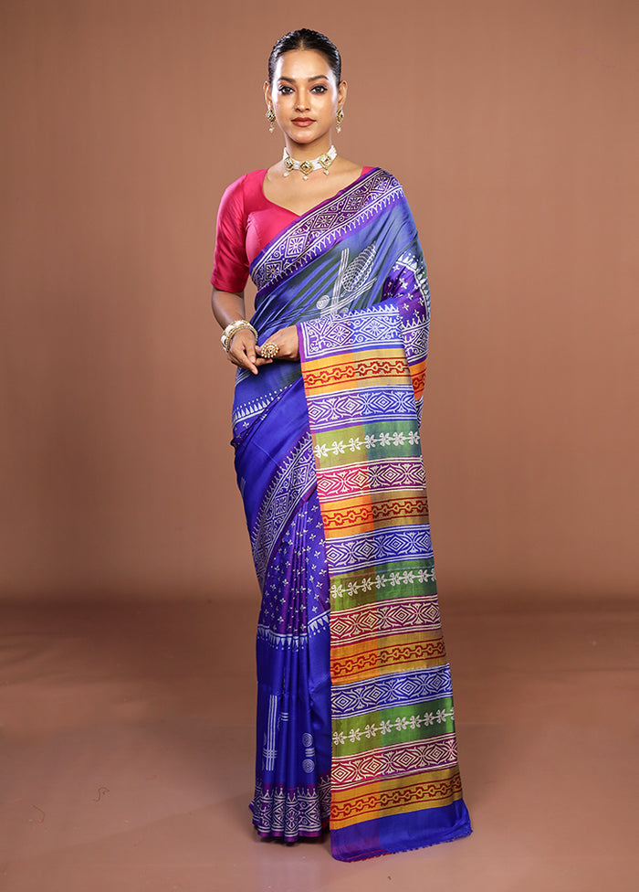 Blue Printed Silk Saree Without Blouse Piece