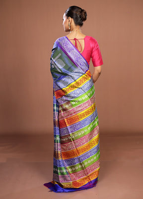 Blue Printed Silk Saree Without Blouse Piece