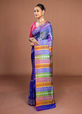 Blue Printed Silk Saree Without Blouse Piece