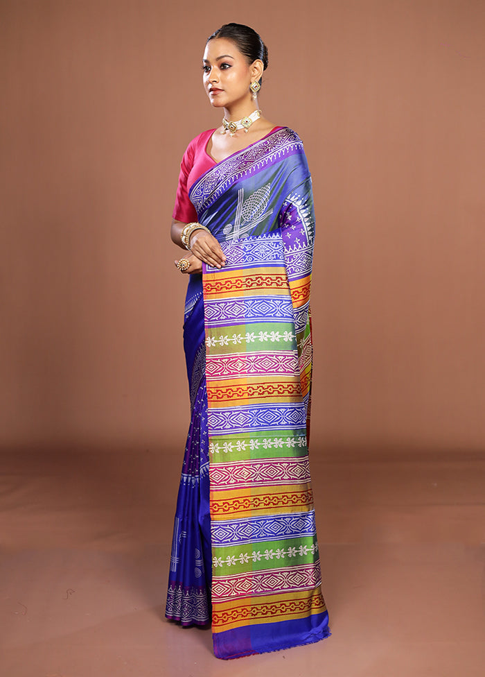 Blue Printed Silk Saree Without Blouse Piece
