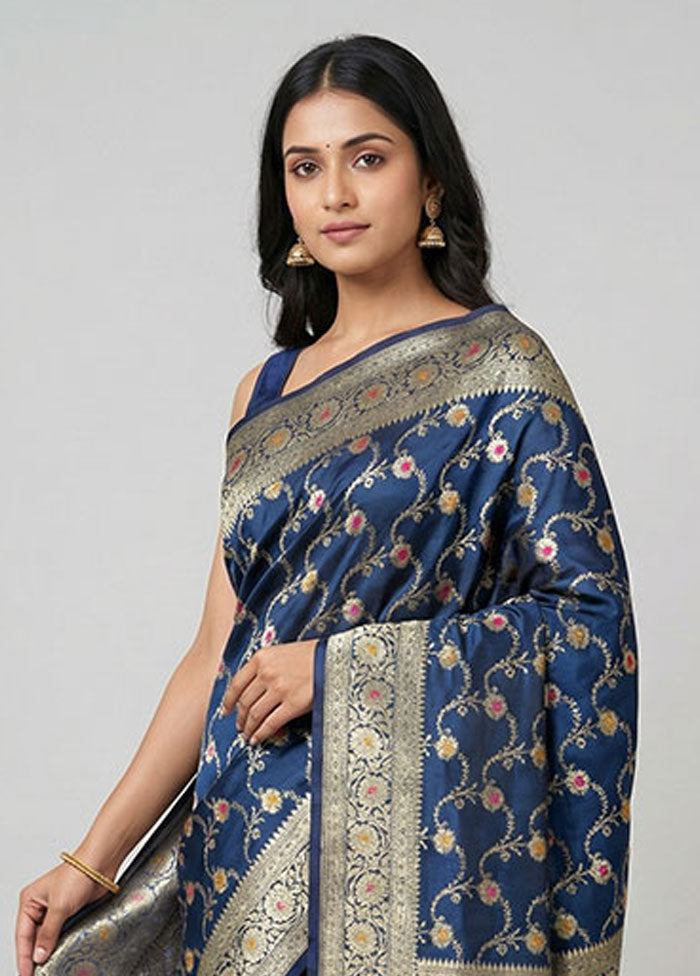 Blue Banarasi Silk Saree With Blouse Piece