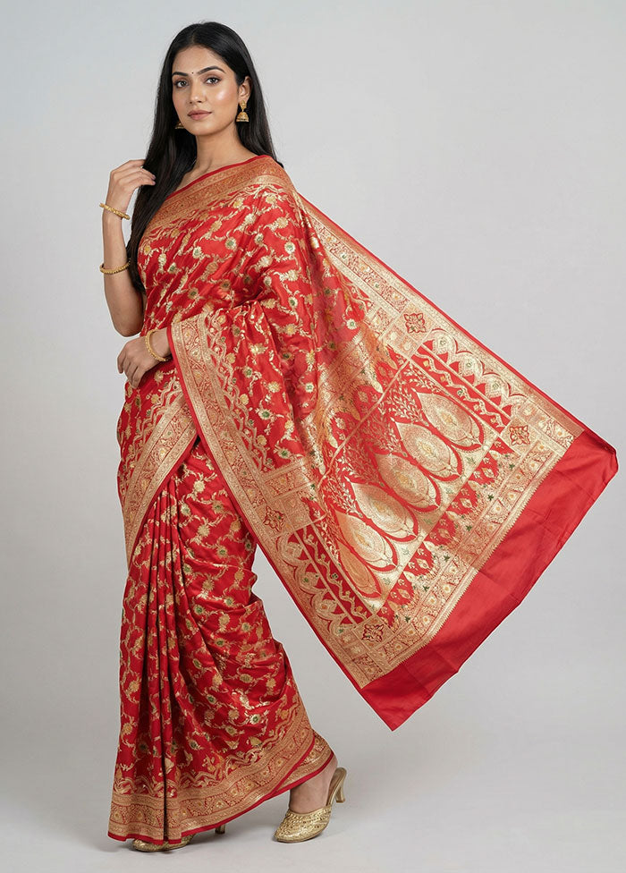 Red Banarasi Silk Saree With Blouse Piece