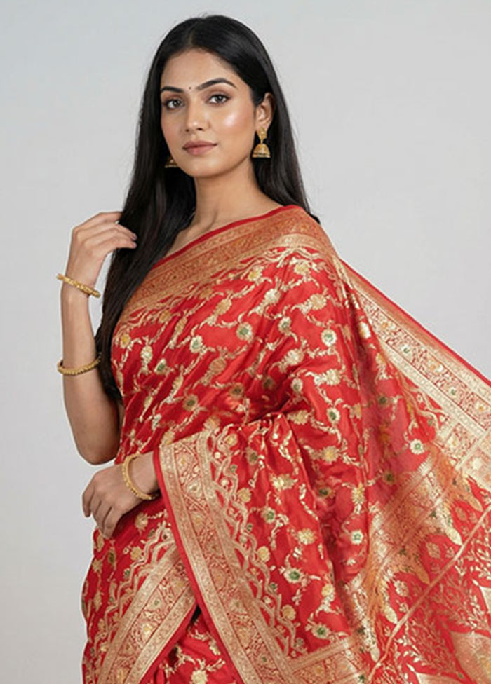 Red Banarasi Silk Saree With Blouse Piece