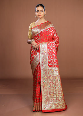 Red Banarasi Silk Saree With Blouse Piece