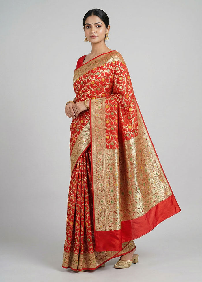 Red Banarasi Silk Saree With Blouse Piece