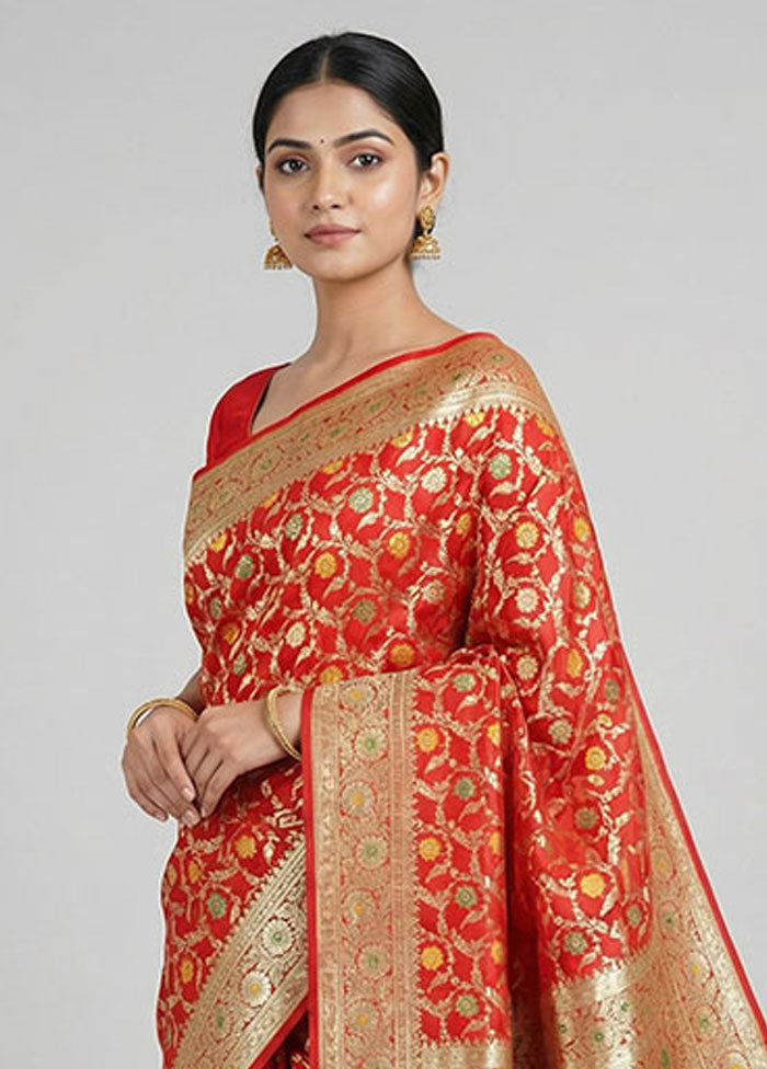 Red Banarasi Silk Saree With Blouse Piece