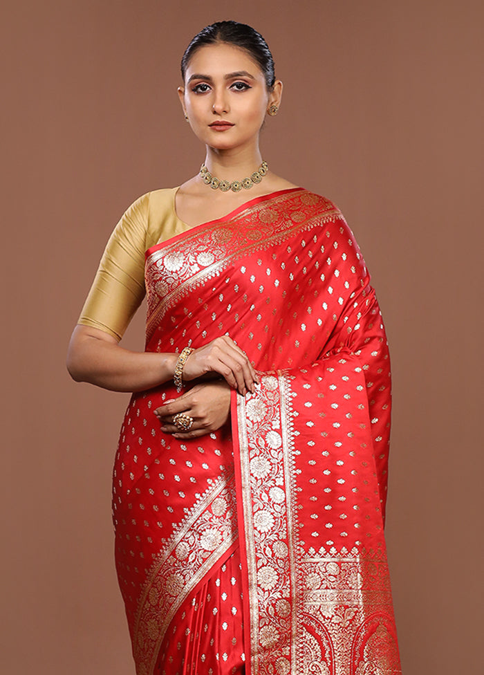 Red Banarasi Silk Saree With Blouse Piece