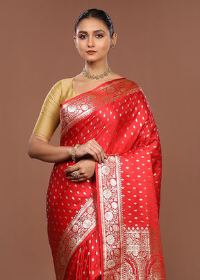 Red Banarasi Silk Saree With Blouse Piece
