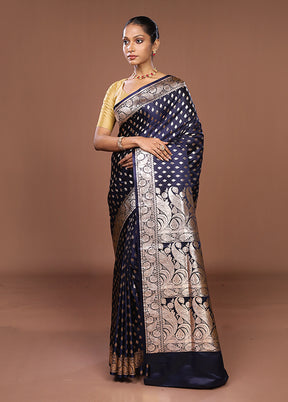 Blue Banarasi Silk Saree With Blouse Piece