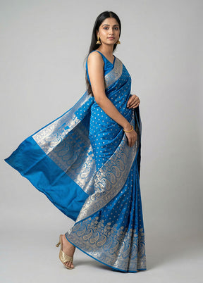 Blue Banarasi Silk Saree With Blouse Piece