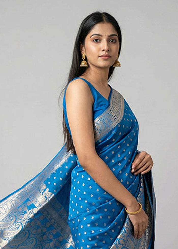 Blue Banarasi Silk Saree With Blouse Piece