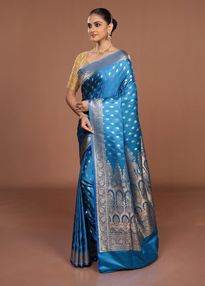 Blue Banarasi Silk Saree With Blouse Piece