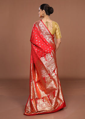 Red Banarasi Silk Saree With Blouse Piece