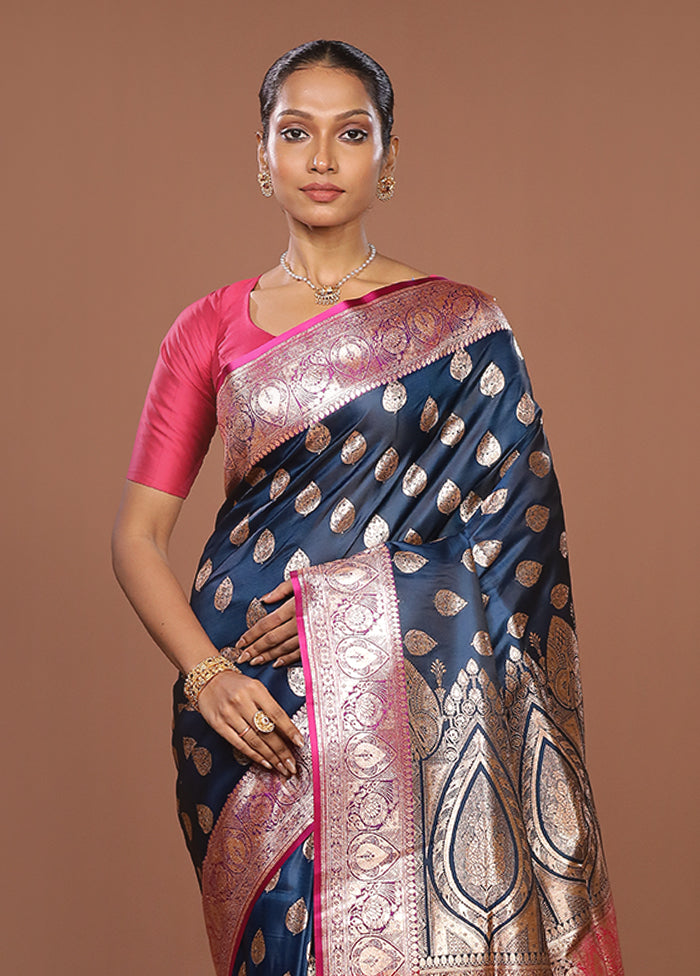 Blue Banarasi Silk Saree With Blouse Piece