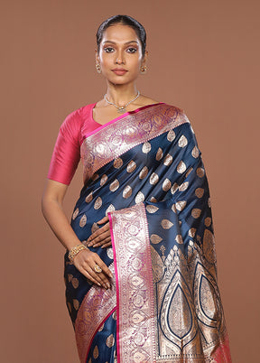 Blue Banarasi Silk Saree With Blouse Piece