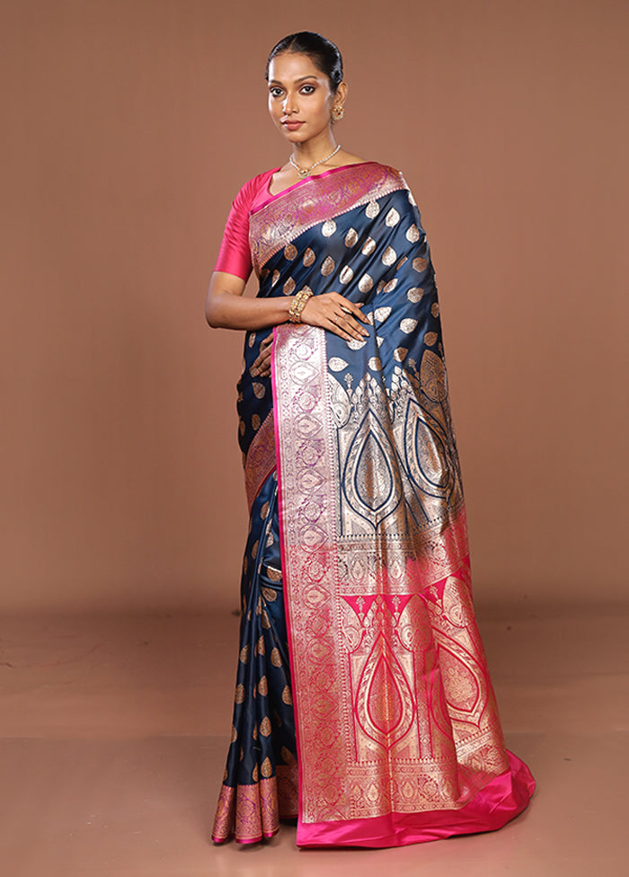 Blue Banarasi Silk Saree With Blouse Piece
