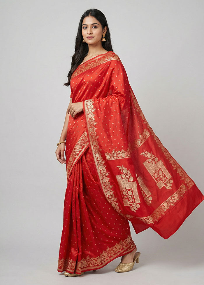 Red Banarasi Silk Saree With Blouse Piece